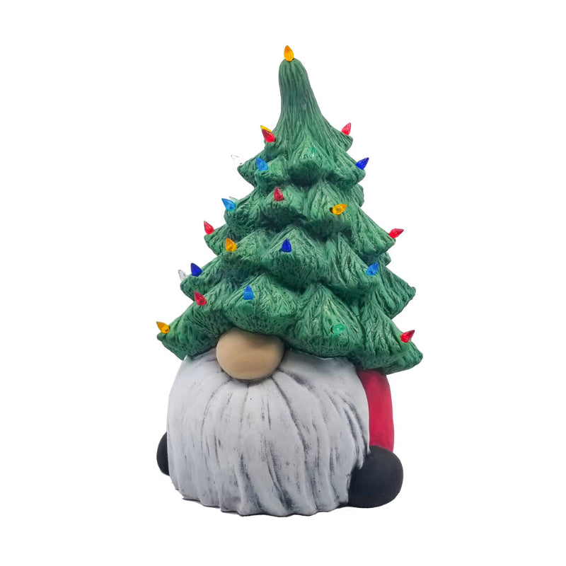 Gnome with a tree-shaped head decorated with colorful lights on a white background