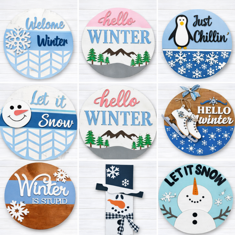Collection of 9 wooden winter themed signs on a shiplap background