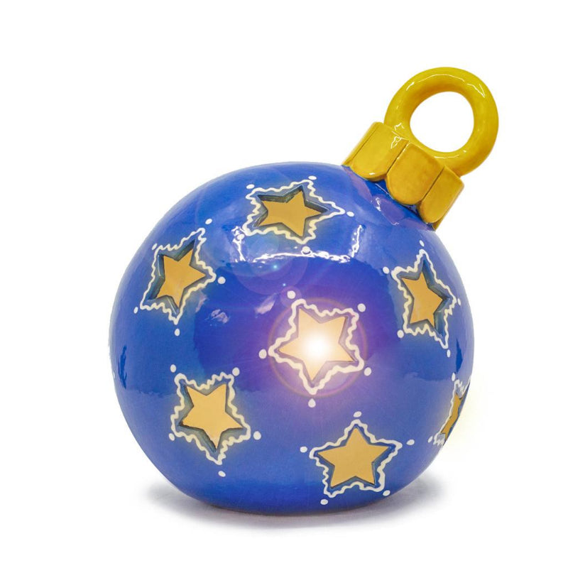 Blue ball with yellow star patterns and a yellow handle on a white background