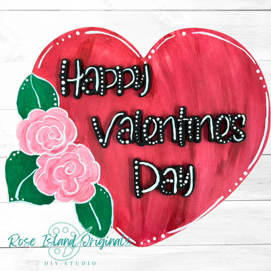 Heart-shaped card with 'Happy Valentine's Day' text and pink roses on a white background.
