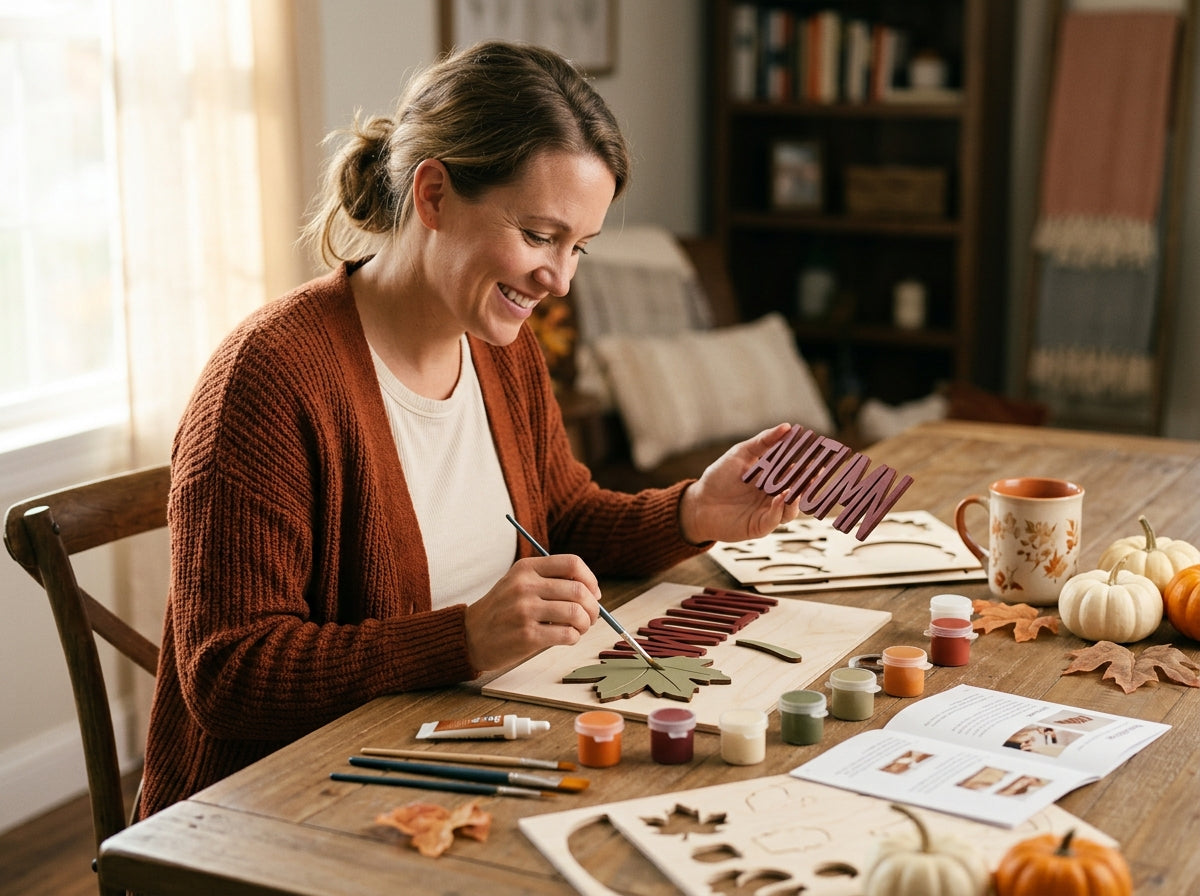 A woman sits at a wooden table in a cozy room, painting autumn-themed wooden decorations. She is wearing a rust-brown cardigan over a white shirt.