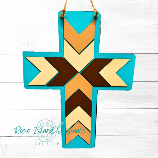 Colorful wooden cross with chevron pattern on a white background, branded 'Rose Island Girls DIY Studio'.