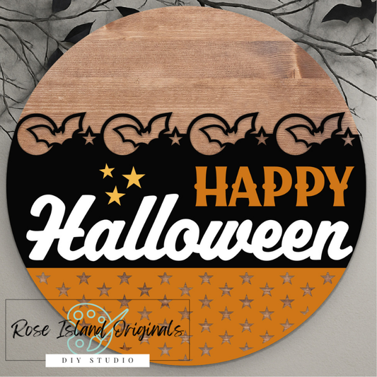 Round wooden sign with Halloween design and 'Happy Halloween' text, featuring bats, moons, and stars.