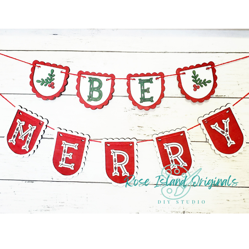 Christmas-themed banner with 'Merry' text on a white wooden background