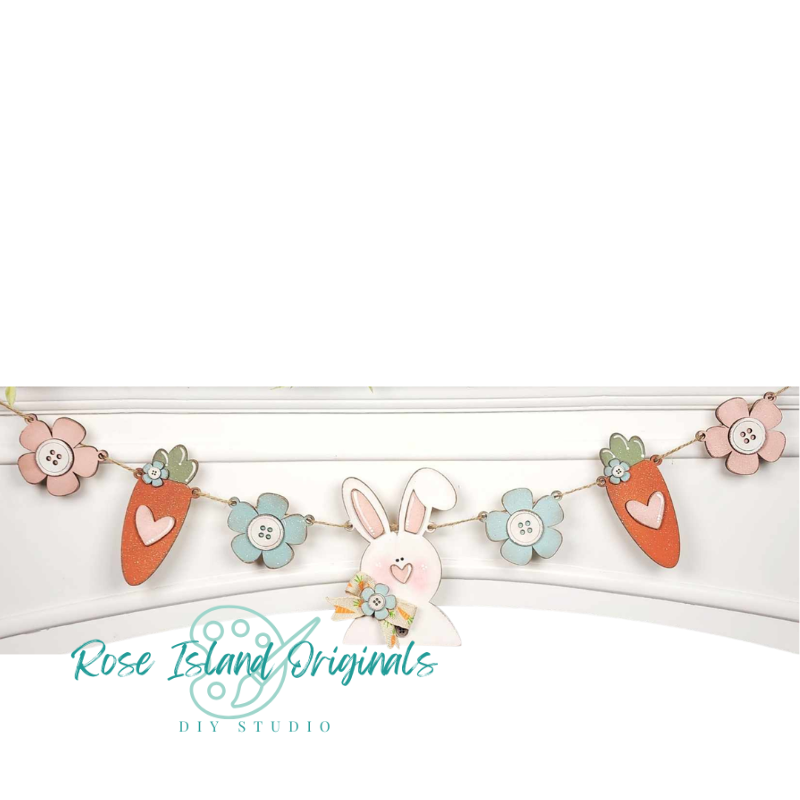 Decorative banner with bunny and carrot shapes on a white background, featuring 'Rose Island Originals' branding.