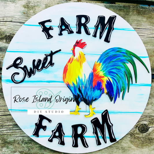 Round sign with a colorful rooster illustration and 'Farm Sweet Farm' text on a wooden background.