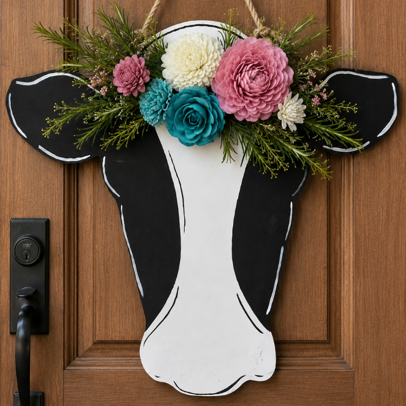 Wooden cow head shape hanging on a door with decorative flowers and greenery.