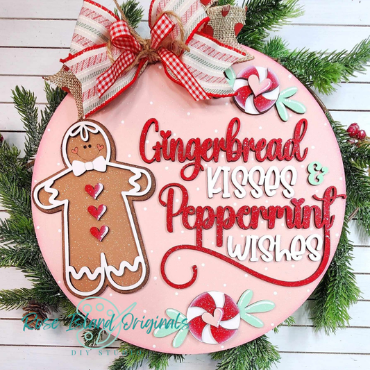 Decorative sign with gingerbread man, candy canes, and text 'Gingerbread Kisses & Peppermint Wishes' on a Christmas-themed background.