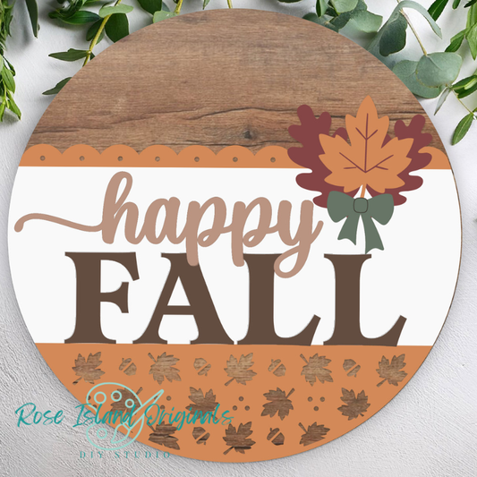 Round wooden sign with 'happy FALL' text and autumn leaves wrapped with bow on a white background