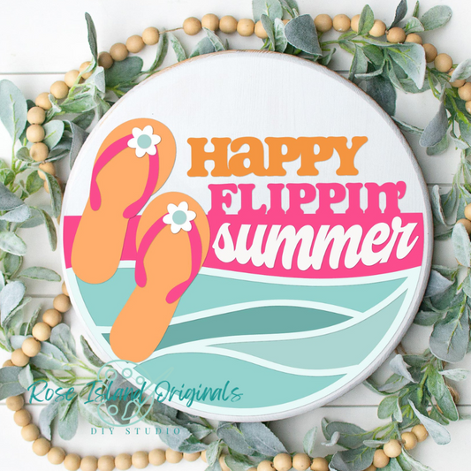 Circular sign with 'Happy Flippin' Summer' text and flip-flop design, surrounded by greenery and wooden beads.