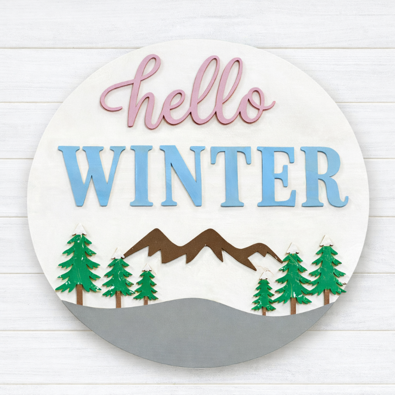 Hello winter sign with trees