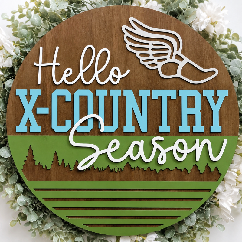 Wood sign with hello X-country season, trees, and a shoe with wings.