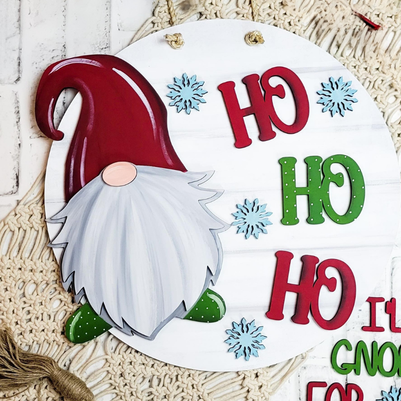 Decorative sign with a gnome and 'Ho Ho Ho' text on a white background