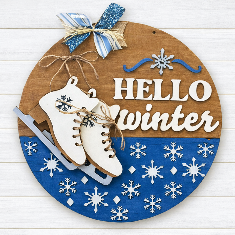 Hello winter sign with ice skates