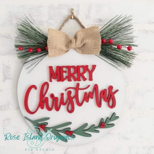 Decorative Christmas sign with 'Merry Christmas' text, bow, and greenery on a white background.
