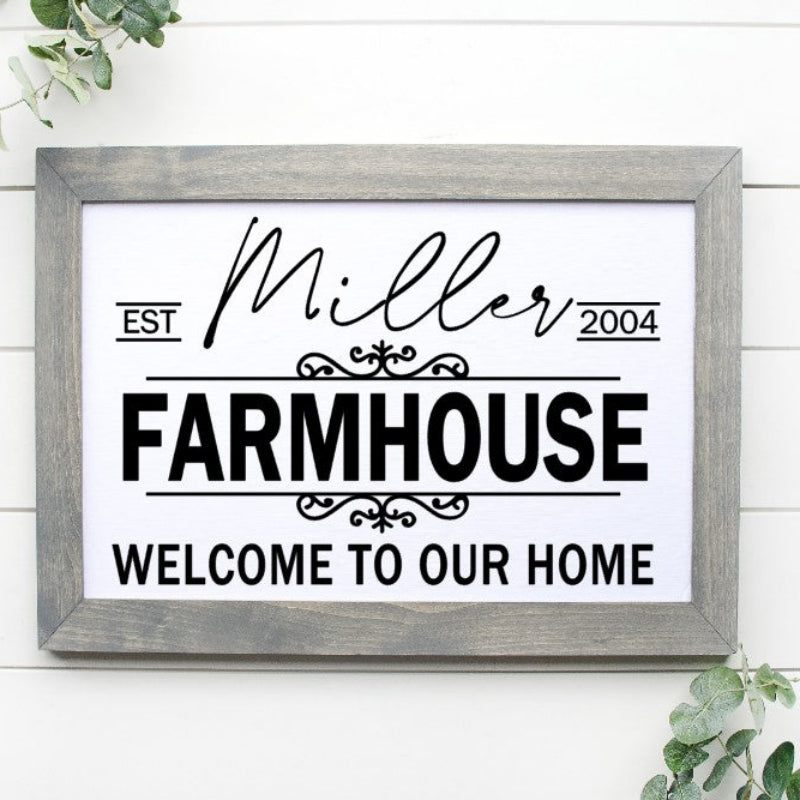 Framed sign with 'Miller Farmhouse' text on a white wooden background