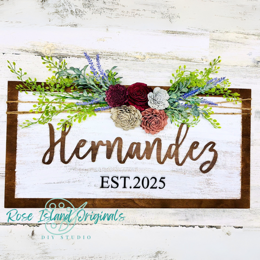 Decorative wood sign personalized with last name and EST year with optional floral design.