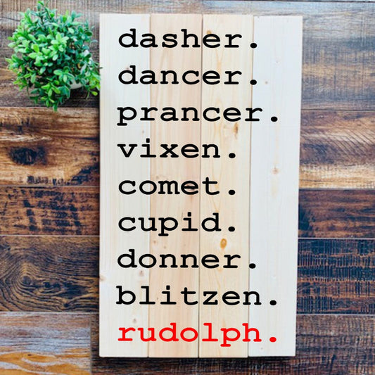 Wooden sign with names of reindeer on a rustic wooden background