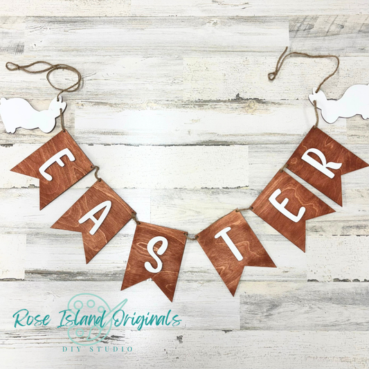 Wooden 'Easter' banner on a rustic wooden background with 'Rose Island Originals' branding.