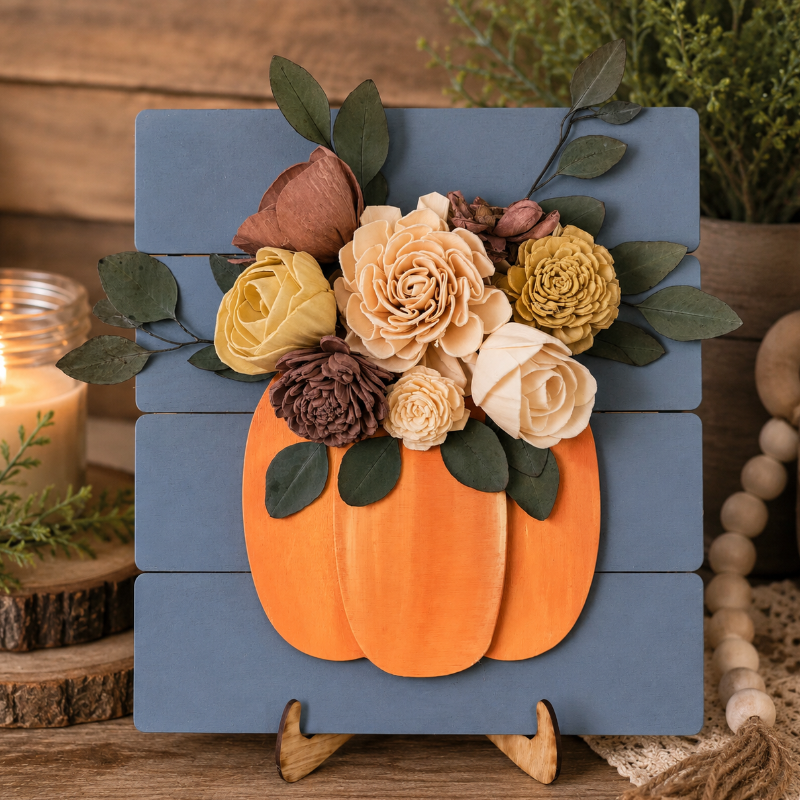 Pallet style sign with a layered pumpkin decorated with colorful flowers and greenery. Displayed on a shelf.