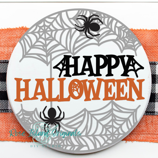 Circular Halloween-themed sign with 'Happy Halloween' text and spider designs on a spiderweb background.
