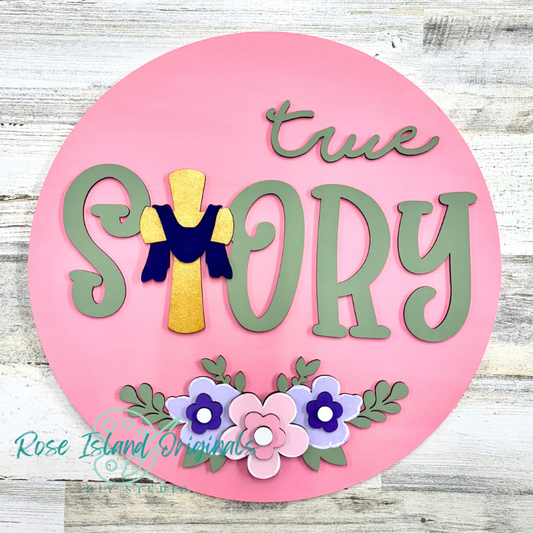Decorative sign with 'true story' text and floral elements on a pink background