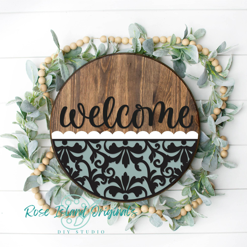 Welcome ornate wood door sign