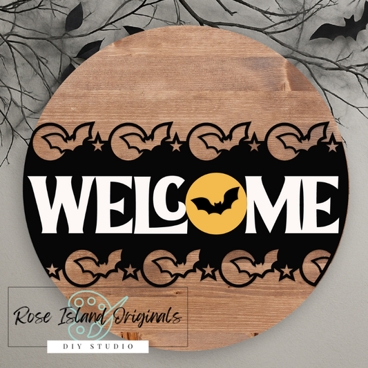 Wooden Halloween sign with 'WELCOME' and bats design, branded by Rose Island Originals.