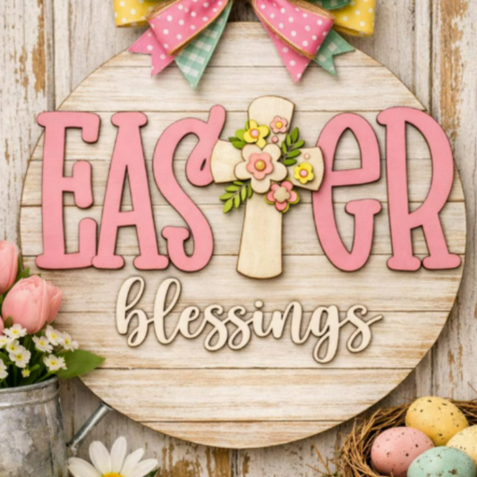 Decorative sign with 'Easter blessings' text, cross, and Easter eggs on a wooden background.