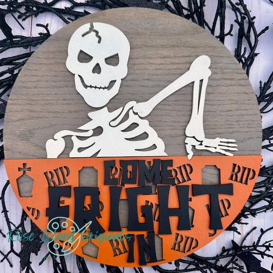 Round sign with skeleton and words come fright in on orange overlay with wood background