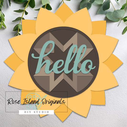 Decorative sunflower-shaped sign with 'hello' text and Rose Island Originals branding on a light background.
